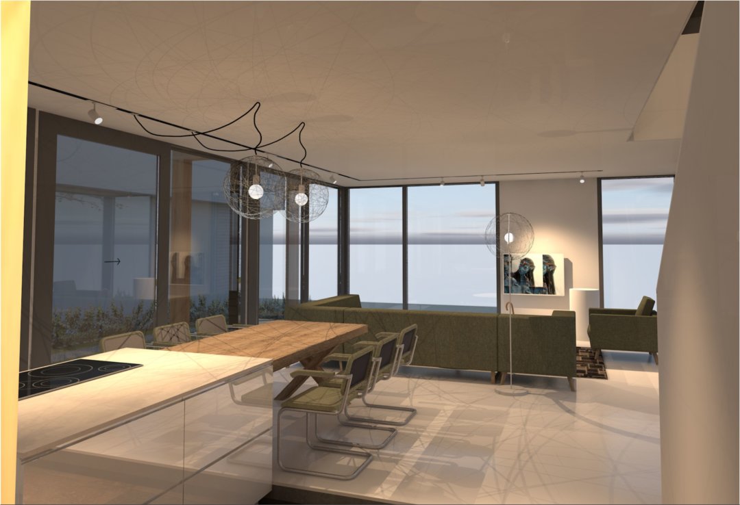 Interieur schuurwoning; woning aan het water